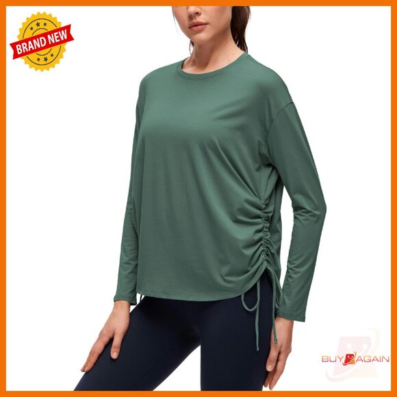 Tops - Pima Cotton Long Sleeve Yoga Top with Side Ruched Drawstrings